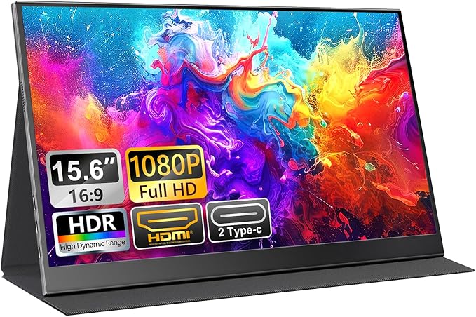 Portable Monitor 15.6-Inch FHD 1080P IPS with HDR for Gaming, USB-C/HDMI Extended Screen, Ultra-thin Plug&Play, with Case & Speakers, for Laptop MAC PC Phone DVR PS4/5 Xbox Switch