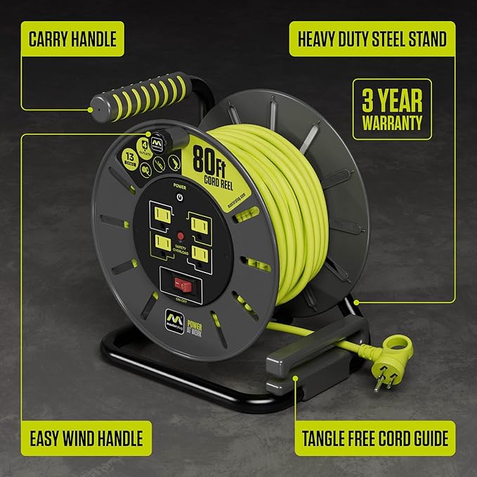 80ft Cord Reel, Retractable Extension Lead with Winding Handle, Safety Overload Circuit Breaker and Power Switch, 4X Grounded Outlets, 13amps, 14AWG Cable