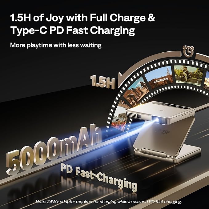 Aurzen ZIP Tri-Fold DLP Truly Mini Projector, Pocket Size, Zero-Lag Focus, One-Click Screen Mirroring, Full-Screen Mode, Type-C Fast Charging, 5,000mAh Battery, Indoor Outdoor Portable Projector,Gold