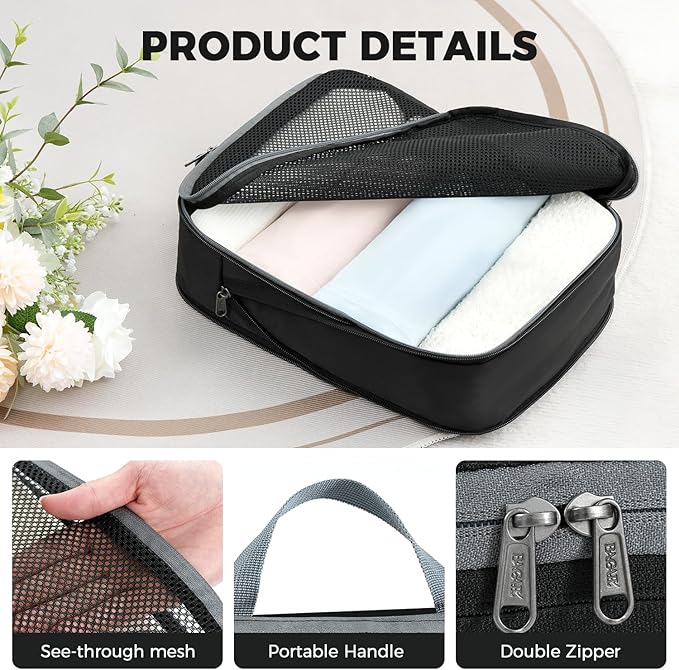 BAGAIL 4 Set/6 Set/8 Set Compression Packing Cubes Travel Accessories Expandable Packing Organizers (Half Mesh, 6-Black)