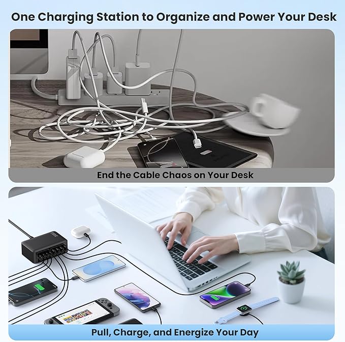 345W USB C Charger Block with 2 Built-in Retractable Cables,10-in-1 GaN IV USB C Charging Station,PD 65W Laptop Charger Power Adapter for MacBook Pro/Air,DELL,iPhone17/16/15/14,Galaxy S24,Android etc