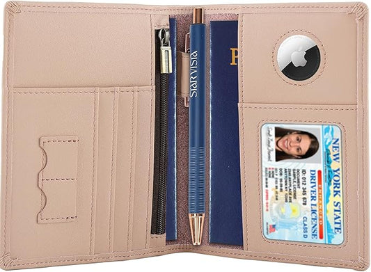 STAR VISTA Phoenix Leather Passport Holder, Calfskin Leather Travel Wallet - RFID Blocking, ID Window, Zipper Pocket, Pen & Notebook Included, AirTag Holder, Pale Pink