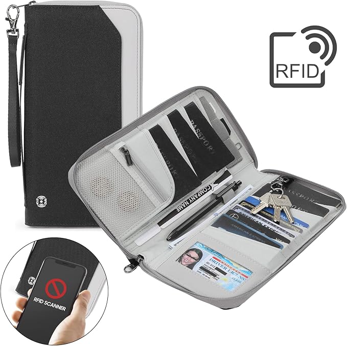 Travel Passport Holder for Family - RFID Large Travel Passport Wallet with Airtag & Card Holder Women Men, Lightweight Passport Cover Case Book Travel Document Organizer with Zipper Pocket,Black