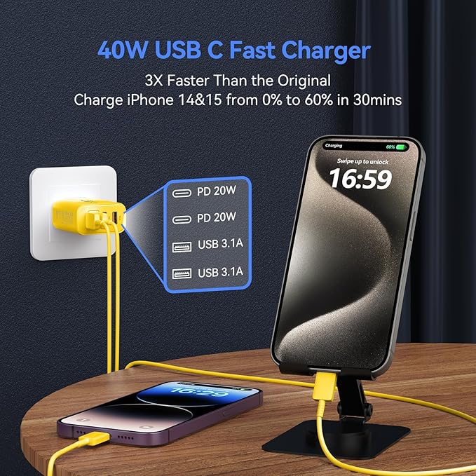 USB C Wall Fast Charger Block, 40W 4-Port Type C Chargers Fast Charging Blocks PD Power Charger Adapter+QC 3.0 USB Multiport Charger Brick for Phone 17/16/15/14/13/12 Pro Max, i-Pad, Galaxy S25-2Pack