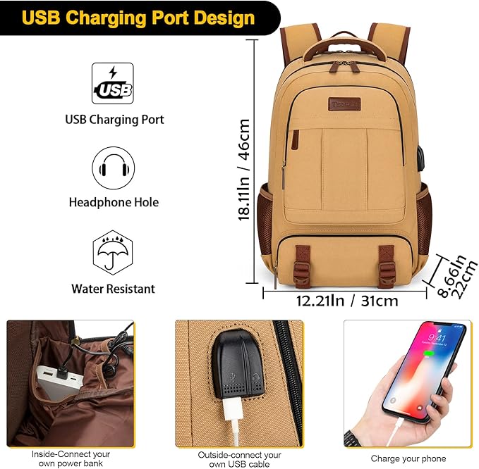 Tzowla Canvas Laptop Backpack, Bag for Men Women,Travel Work Rucksack Fits 15.6 Inch Laptop, Bookbag with USB Charging Port