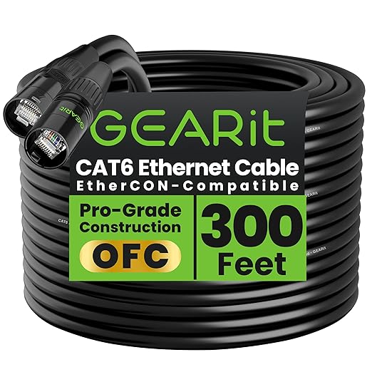 GEARit Shielded CAT6 Ethercon Cable (300 Feet) Professional Audio & Lighting RJ45 EtherCON-Compatible Cable for Studio, Stage, Concerts - 300ft Black