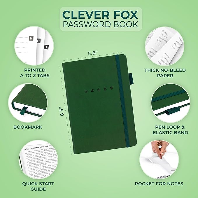 Clever Fox Password Book – Alphabetized Internet Address & Password Organizer – Computer & Website Password Keeper Notebook – Log-In Password Journal - Medium, A5, 8.3x5.8″, Hardcover (Dark Green)