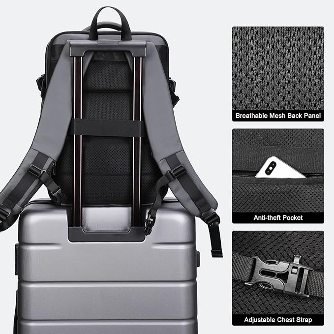 HOMIEE Carry on Backpack Extra Large Travel Bag, Expandable Hand Luggage Suitcase Anti-Theft Business Backpack, Water Resistant Lightweight Weekender Bag, Grey