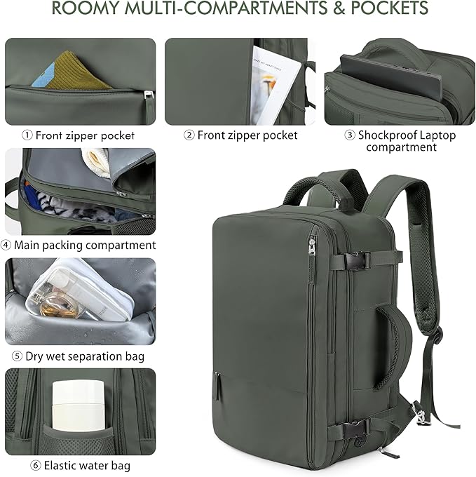 Beraliy Travel Backpack for Men Women, Airline Approved Personal Bag,17.3 Inch Laptop Backpack, Carry On Backpack for Hiking Overnight with USB Charging Hole, Olive-green