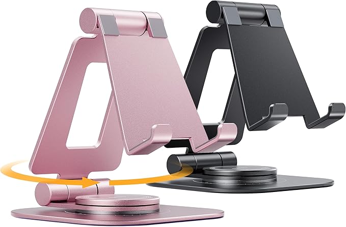 Nulaxy 2-Pack 360 Rotating Phone Stand, Fully Adjustable Foldable Phone Holder, Aluminum Desktop Cradle with Swivel Anti-Slip Base, Office Accessories for All Phones, Black & Rose Gold