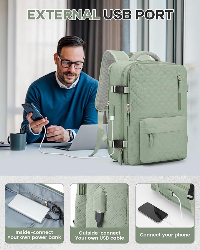 Vacuum Travel Backpack with Pump for Women,Personal Item Carry on Backpacks Flight Approved 18x14x8 inches for Men,Laptop Waterproof Work Compression bags Casual Daypack Green.