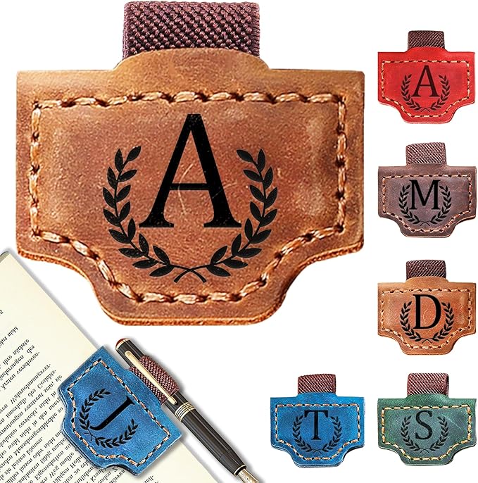 Personalized Bygone Mark Bookmark with Pen Holder, Leather Magnetic Bookmark 26 Letters Name Initial Bookmarks for Readers, Book Lover Gifts for Women Men Notebook Accessories (Brown, A)