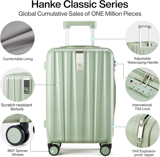 Hanke Luggage Sets 3 piece Carry On Luggage with Wheels PC Hard Shell Suitcases Lightweight Checked Travel Luggage Large Travel Suitcase Woman Men 20/24/29 Inch(Bamboo Green)