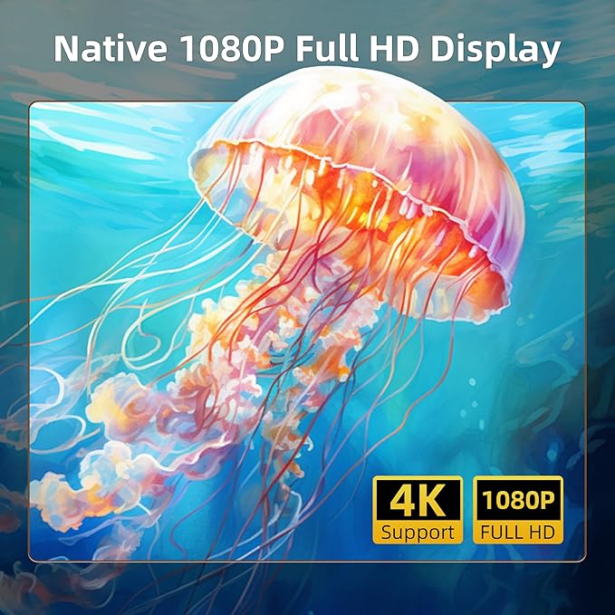 Mini Projector, Portable Projector 4K Support, Full HD 1080P Outdoor Projector, 270° Rotation Movie Projector, Compatible with Smartphone, TV Stick, Laptop, PS4, HDMI, USB (No WiFi or Bluetooth)