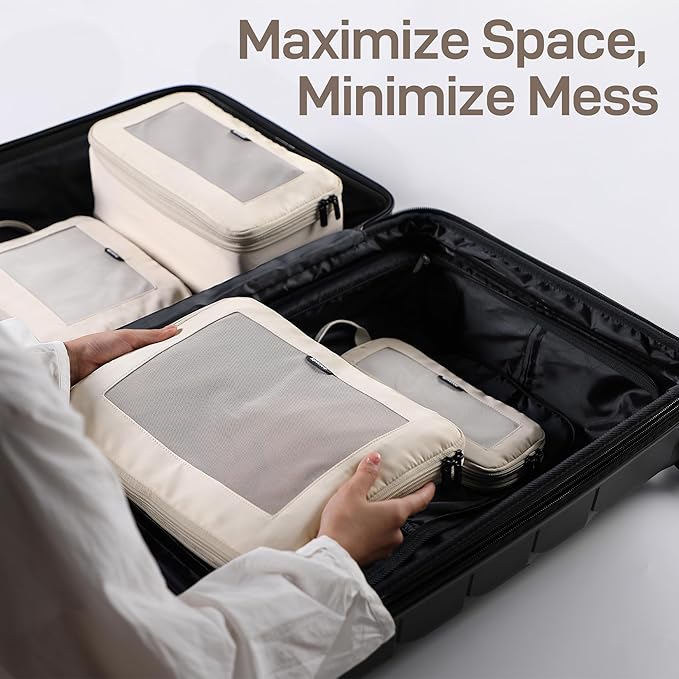 EPICKA TripCozy Compression Packing Cubes - 6 Set Durable Travel Organizer Bags with Mesh Top, Expandable Travel Accessories for Carry on, Luggage, Suitcase, Backpack (Beige)