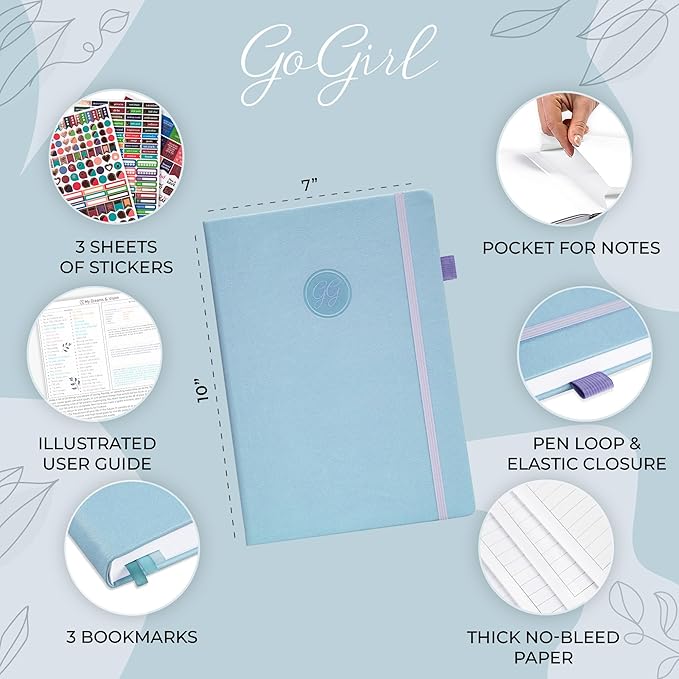 GoGirl Planner PRO Schedule - Undated Planner with Hourly Time Slots, Monthly, Weekly & Daily Organizer, Appointment Book for time Management, 7"x10" Hardcover, Lasts 1 Year - Periwinkle