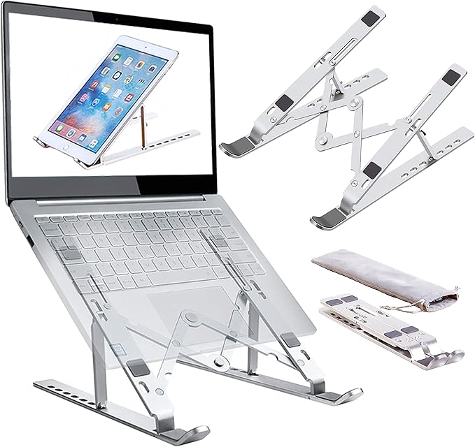 Laptop Stand, Laptop Riser Computer Stand for Desk, Adjustable Aluminum Foldable Portable Desktop Holder, Compatible with MacBook Air pro, iPad, Lenovo, 10-15.6” Laptop and Tablets (Silver)