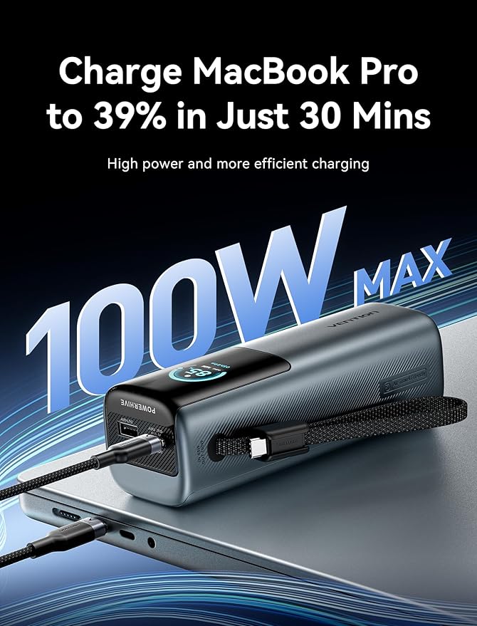 VENTION Powerhive Laptop Power Bank Fast Charging, 165W 20000mAh Portable Travel Charger, Digital Display & Emoji Animation, Integrated USB-C Cable for MacBook/iPhone 16/Galaxy S25 Ultra/Dell/HP