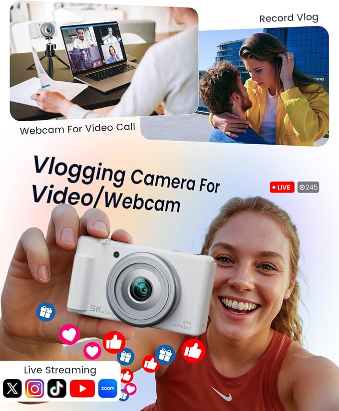 True 5K Digital Camera for Photography, Autofocus 80MP with 18X Digital Zoom 3" 270°Flip Screen Dual-Lens Selfie Camera for YouTube Vlogging & Content Creation, 2 Batteries, 32GB Card & Flash，White