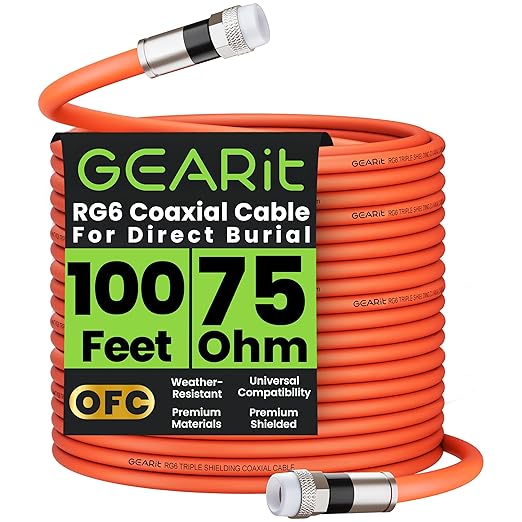 GEARit Coaxial Cable for Direct Burial (100ft) RG6 70 Ohm RF Rubber Boot Waterproof Underground in-Wall with Rubber Boot, High-Speed Internet, Broadband, Digital TV Aerial, Satellite Cable 100 Feet