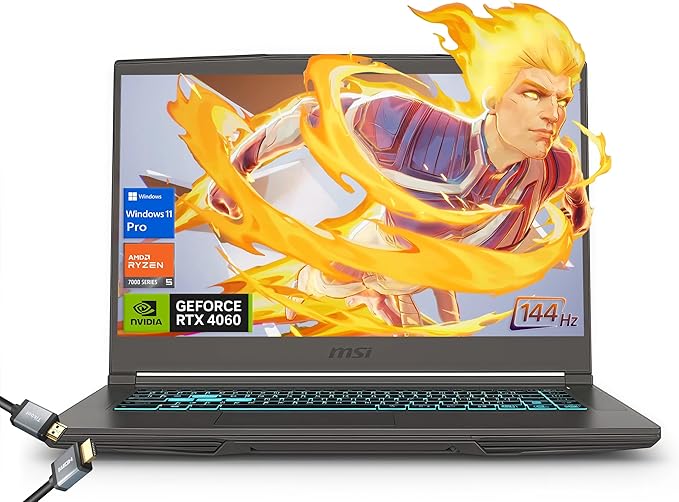 MSI Thin 15.6 inch 144Hz FHD Thin Bezel IPS Gaming Laptop, AMD Ryzen 5 7535HS, NVIDIA GeForce RTX 4060 -Window 11 PRO, w/HDMI Cable (2025) (32GB RAM | 1TB PCIe SSD)