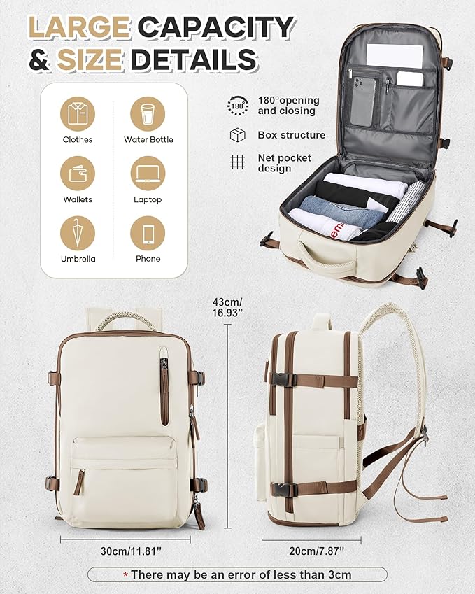 VECAVE Carry On Backpack for Women,Large Travel Backpack Flight Approved,Waterproof 14 Inch Laptop Backpack Business Work Backpacks Men Mochila De Viaje WhiteBrown