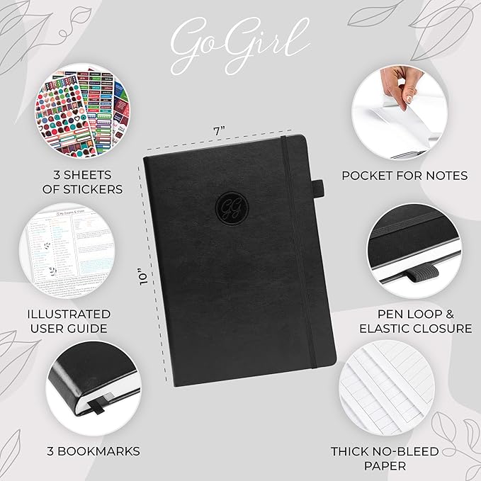 GoGirl Planner PRO Schedule - Undated Planner with Hourly Time Slots, Monthly, Weekly & Daily Organizer, Appointment Book for time Management, 7"x10" Hardcover, Lasts 1 Year - Black