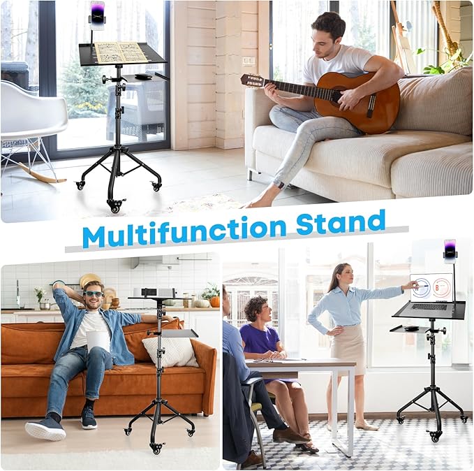 Portable Laptop & Projector Stand with Phone Holder and Mouse Tray ，Adjustable Height Tripod Stand for Laptop, Projector, DJ, Sheet Music，Black