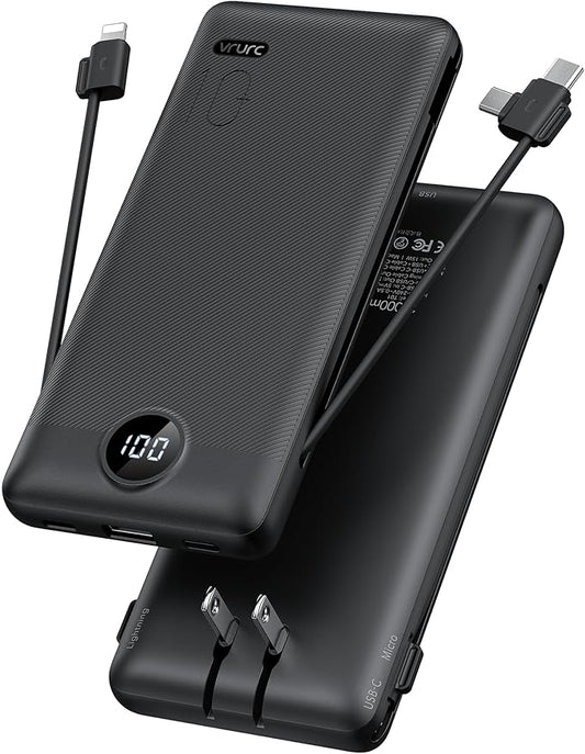 Portable Charger,Power Bank Built-in Cables and AC Wall Plug,VRURC USB C Portable Bank 10000mAh,Travel Essentials Phone Charger Compact Lightweight External Battery Pack for Smart Phones,Tablets-Black