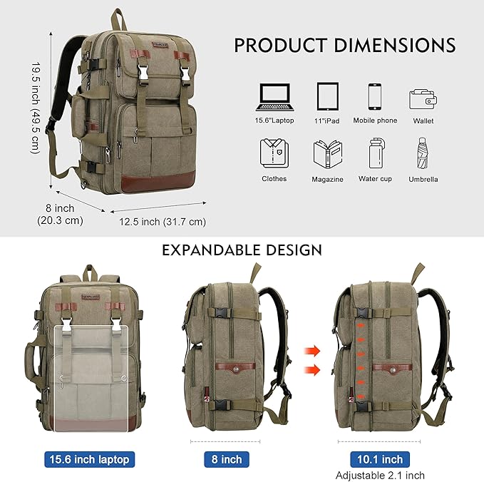 WITZMAN Canvas Travel Backpack for Men Large Laptop Backpack Fit 17 inch Carry-on Airline Approved Convertible Shoulder Rucksack(A6617-3 Army Green)