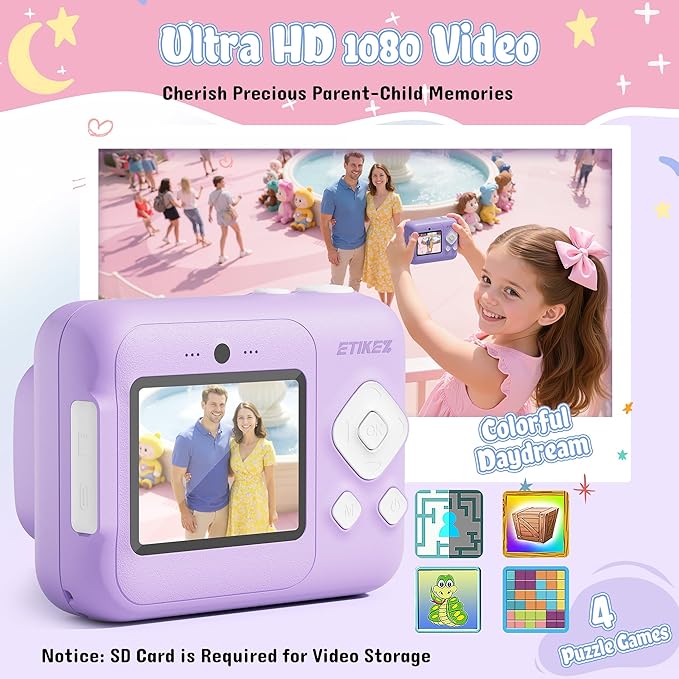 Instant Print Camera for Kids, HD Digital Camera, Christmas Birthday Gifts for 4 5 6 7 8 9 10 Year Old Girls Boys, Portable Toy Camera with 32GB SD Card & 3 Rolls Printing Paper, Violet