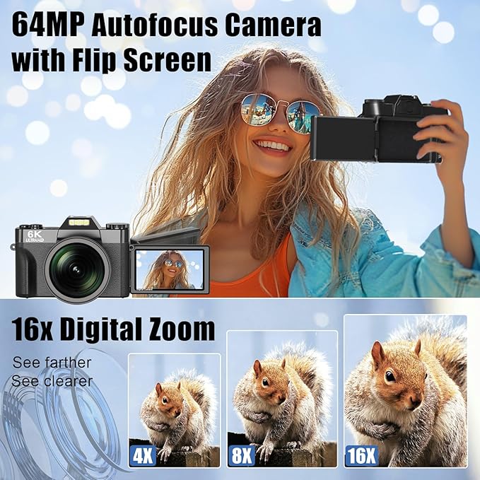 6K Digital Camera for Photography, 64MP Vlogging Camera for YouTube with 3" 180° Flip Screen, 16X Zoom Autofocus Compact Travel Beauty Cameras for Teens, with 32GB Micro SD Card