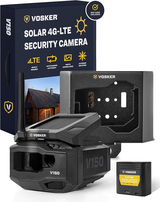 Vosker V150 Solar-Powered LTE Cellular Home Security Outdoor Camera | Motion Activated Photo Capture Nightvision Wireless Camera | Receive Photos (No Video) on Your Mobile App (V150-Nationwide Pack)