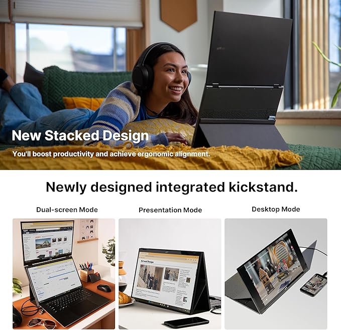 New Mobile Pixels Duex Float 2.0 Pro 2.5 K Portable Monitor, 16" Laptop Screen Extender (Built-in Kickstand), USB C/HDMI Stacked Monitor Extender with Dual Speakers, Windows, MacOS, Switch, Android