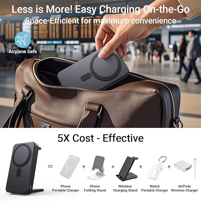 3-in-1 Portable Charger, 10000mAh Foldable Power Bank Fast Charging,MagSafe Charger Battery Pack Magnetic,Travel Wireless Charging Station for iPhone 16/15/14/13/12,iWatch, Air pods, Black