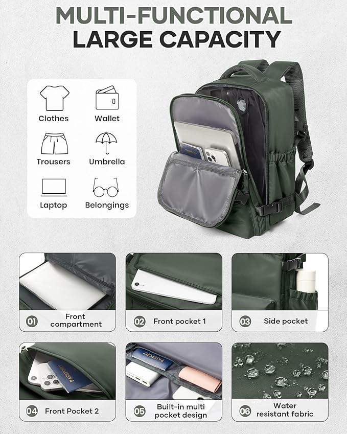 Vacuum Travel Backpack with Pump for Women,Personal Item Carry on Backpacks Flight Approved 18x14x8 inches for Men,Laptop Waterproof Work Compression bags Casual Daypack Green