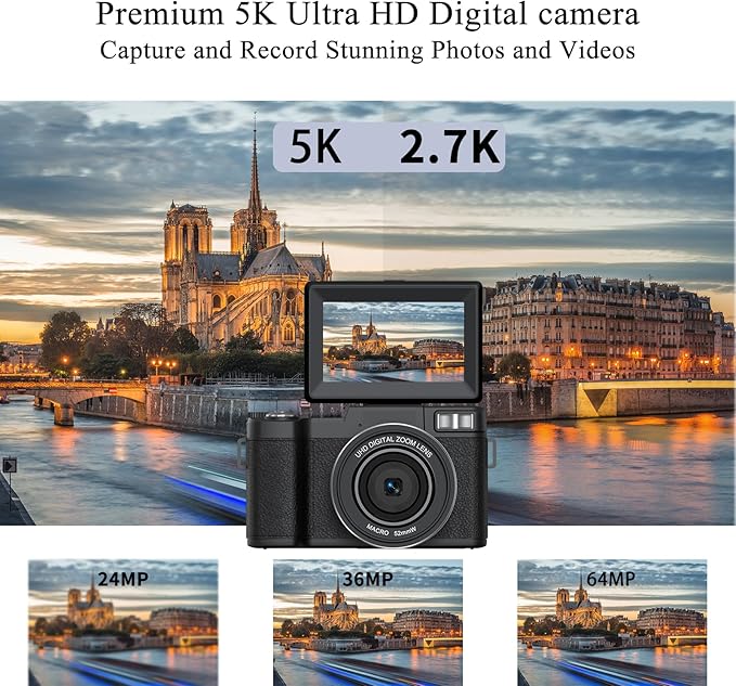 5K Digital Camera for Photography 64MP Auto-Focus Vlogging Camera for YouTube 3" 180° Flip Screen Compact Travel 18X Digital Zoom, Anti-Shake 2 Batteries & 32GB TF Card