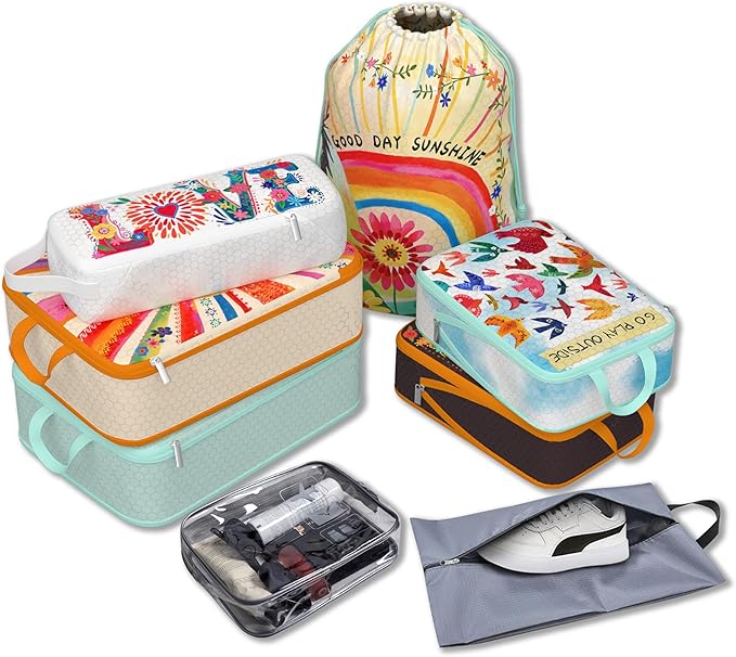 Compression Packing Cubes for Travel, 8 Set Natural Life Luggage Organizers, Waterproof Expandable/Compression Bags Bohemia Travel Packing Cubes with Clear Toiletry Bag and Shoe Bag