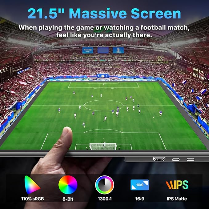 Portable Monitor 21.5" FHD 110% sRGB 120Hz IPS HDR HDMI USB-C Travel Monitor for Laptop MacBook PC Surface PS5 Xbox, Large External Display with Kickstand & Speakers, VESA Compatible