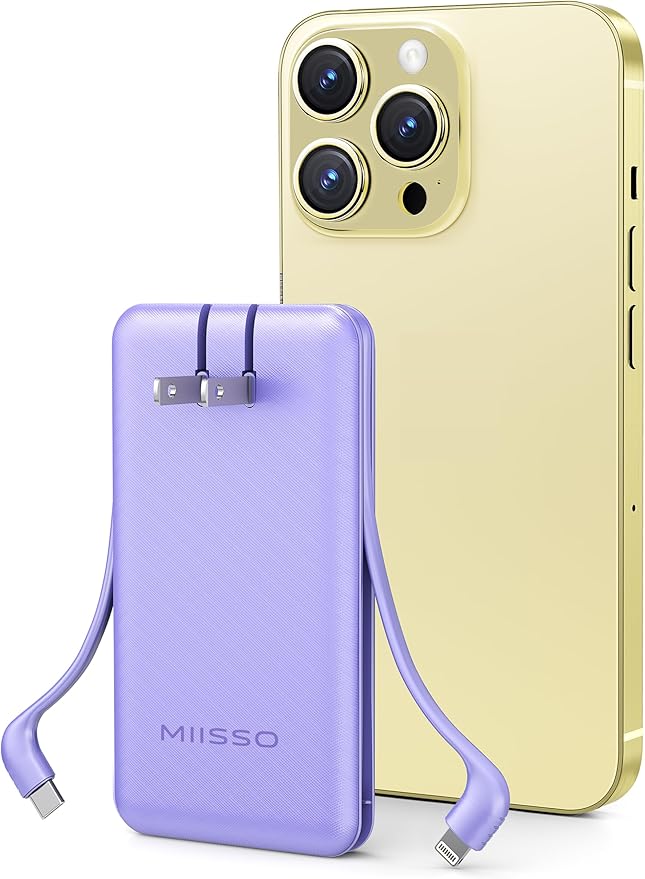 miisso Ultra Slim 10000mAh Power Bank Built-in Cables and Foldable AC Wall Plug, Pocket Size USB C Portable Charger, External Battery Pack Compatible with iPhone Samsung iPad etc, Purple