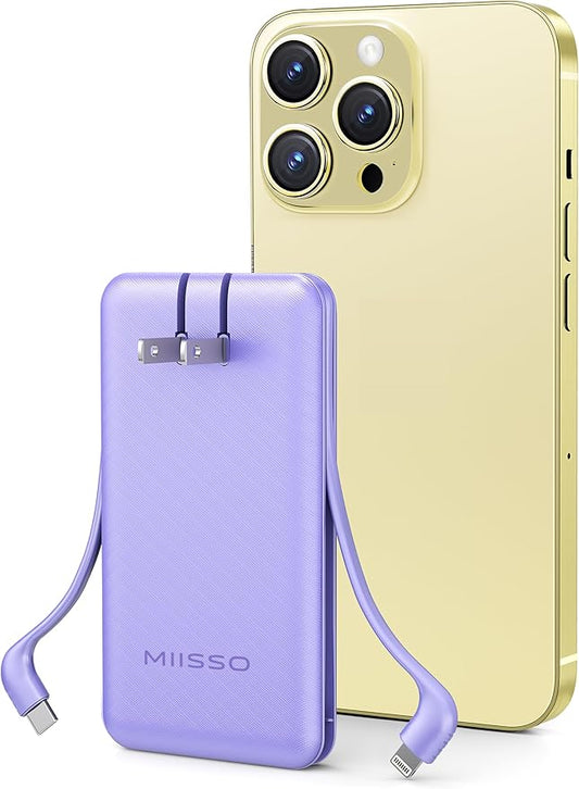miisso Ultra Slim 10000mAh Power Bank Built-in Cables and Foldable AC Wall Plug, Pocket Size USB C Portable Charger, External Battery Pack Compatible with iPhone Samsung iPad etc, Purple