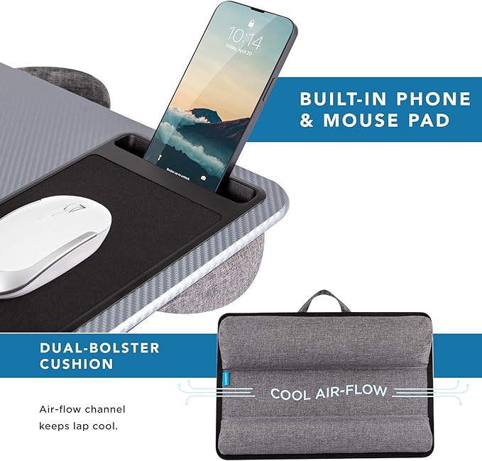 LAPGEAR Home Office Pro Lap Desk with Wrist Rest, Mouse Pad, and Phone Holder - Silver Carbon - Fits up to 15.6 Inch Laptops - Style No. 91615