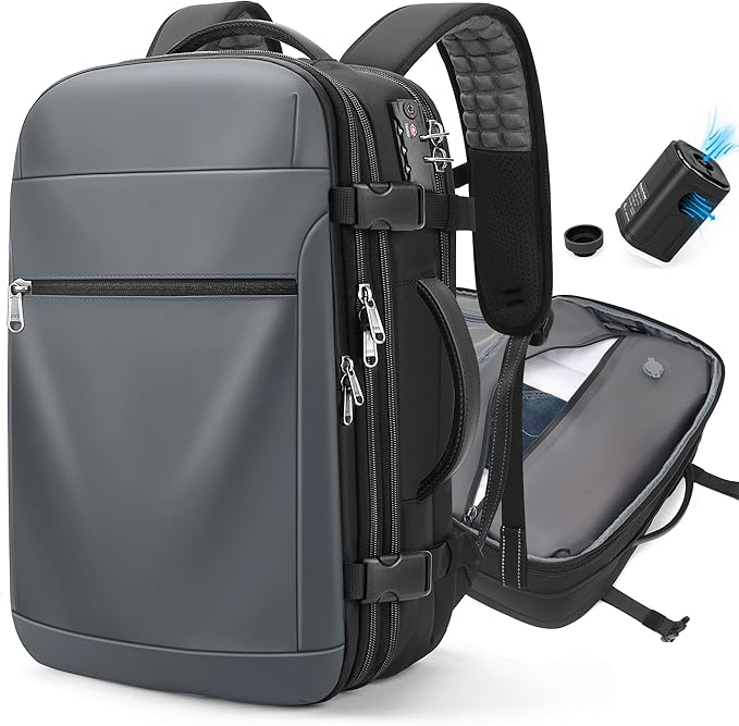 Vacuum Backpack Travel – Expandable Compression Carry On Backpack with Vacuum Pump, Water-Resistant TSA Lock Travel Bag, 17" Laptop Backpack for Men Women, Business Airplane Flight Luggage, Light Grey