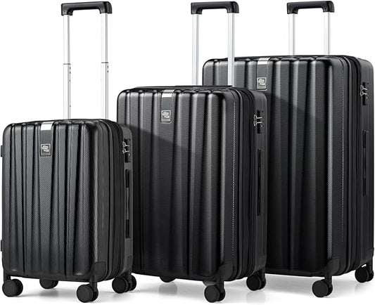Hanke Expandable Hardshell Luggage Sets 3 piece Carry on Luggage with Wheels Suitcases Lightweight Checked Travel Luggage Rolling Large Suitcase Travel Luggage Bag Woman Men 20/24/29 Inch(Jet Black)
