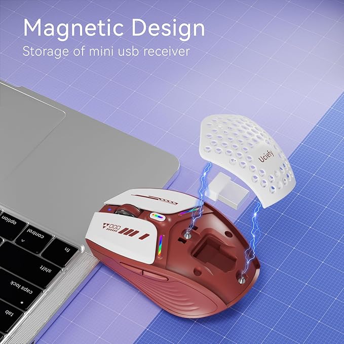Uciefy Bluetooth Wireless Mouse, (BT5.0/5.1+2.4GHz) USB C Rechargeable LED Mouse Battery Level Visible, Honeycomb Magnetic Shell Cover with USB Receiver & Type-C Adapter for Laptop/PC/Mac/iPad-Red