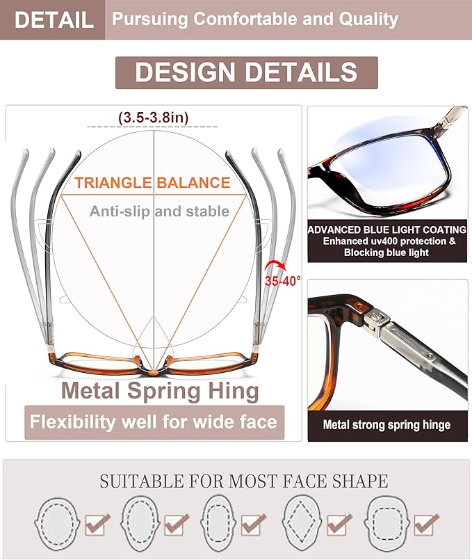 Professional Reading Glasses for Men/Women, Blue Light Blocking Computer Readers with Spring Hinges for Glare and UV Protection