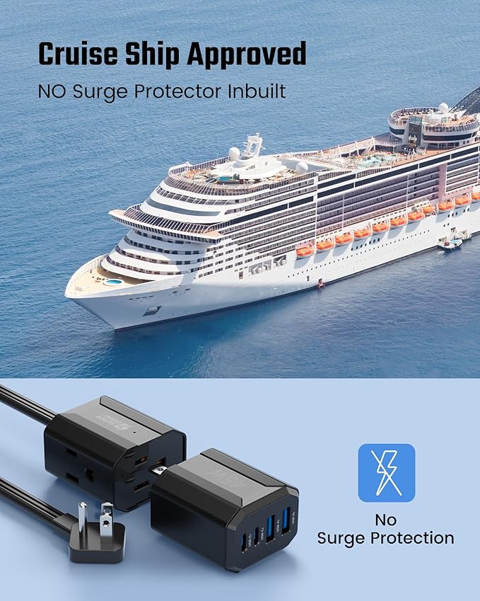 SUPERDANNY Detachable Power Strip, 45W USB-C & USB-A Fast Charge with 3 Outlets, 5ft Flat Plug Extension Cord, Portable for Cruise, Home, Black