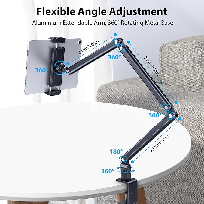 Tablet Desk Stand Holder, Extendable Arm Table Mount for iPad, Aluminum 360° Rotating Bracket with Metal Base, Compatible with 4.7-13 Inch Tablets, Phones, Samsung Galaxy, Kindle Fire HD