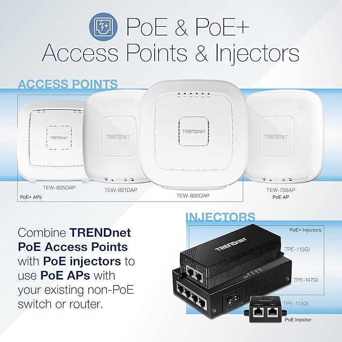 TRENDnet AC1750 Dual Band PoE Access Point, 1300Mbps WiFi AC+450 Mbps WiFi N, WDS Bridge, WDS Station, Repeater Modes, Band Steering, WiFi Traffic Shaping, IPv6, White, TEW-825DAP