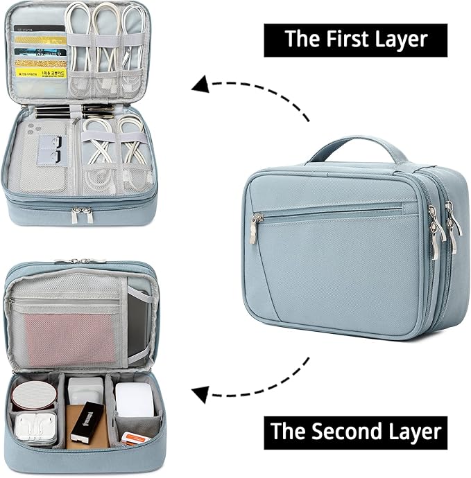mygreen Electronics Travel Organizer, Watreproof Electronic Accessories Case Portable Double Layer Cable Storage Bag for Cord, Charger, Flash Drive, Phone, Ipad Mini, SD Card, Gifts for Him Grey Blue